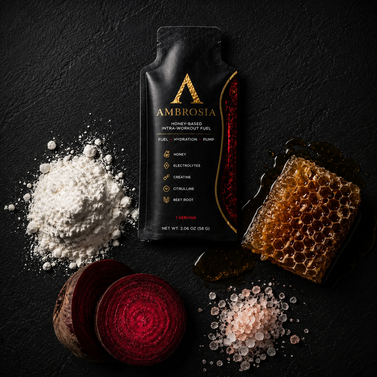 Ambrosia Fuel packet surrounded by real ingredients: honeycomb, beet root, pink salt, creatine